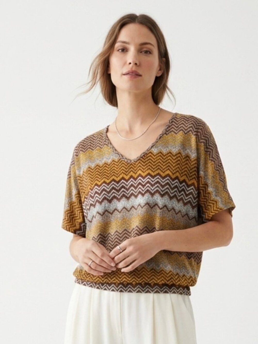 Ultra Teeze Blouse Knit Mustard Brown Chevron Retro Casual XL